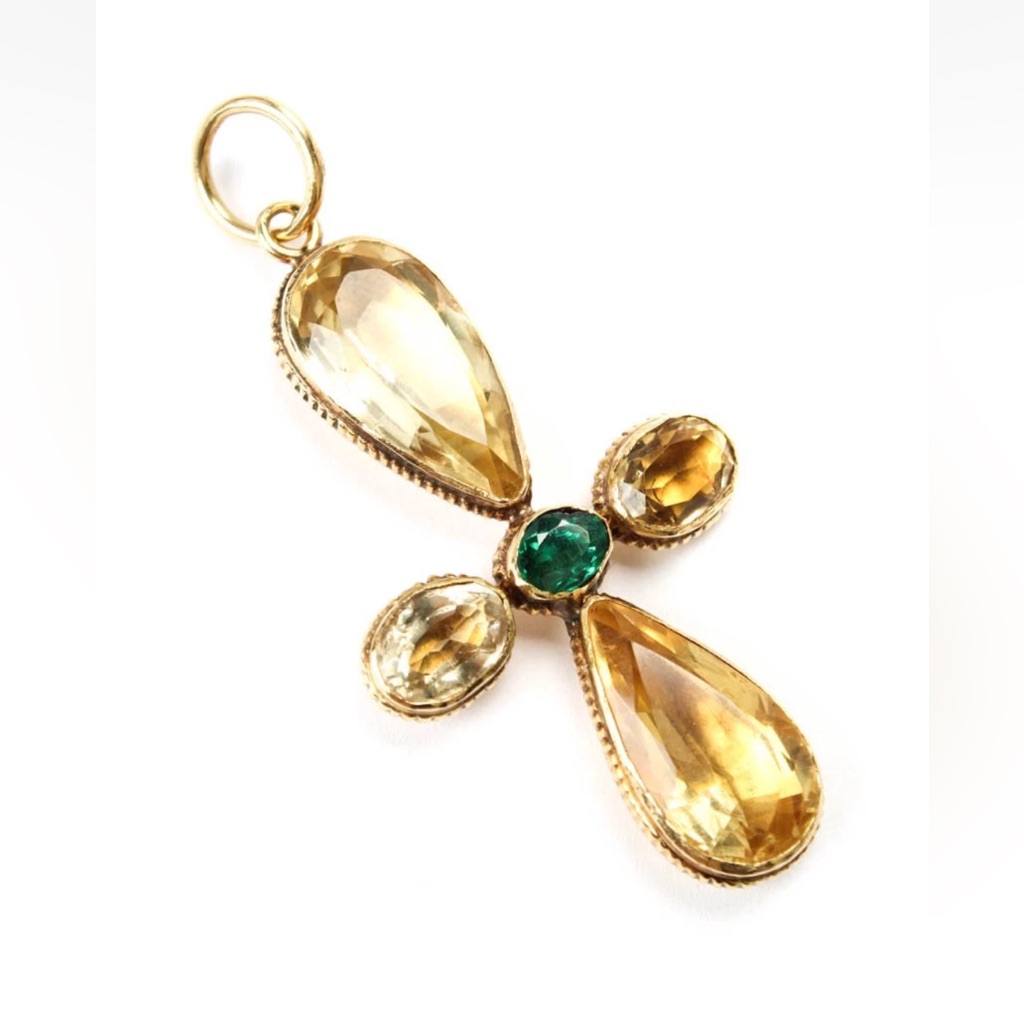 Designer Womens 18k Yellow Gold Citrine  Emerald Cross Pendant 2 76g Vintage